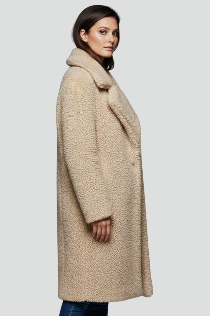 Women’s Long Coat with Textured Surface and Wide Collar
