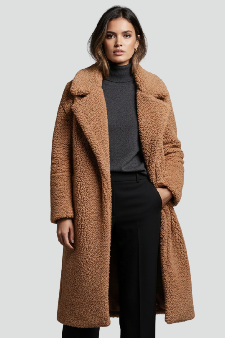 Women’s Long Coat with Textured Surface and Wide Collar