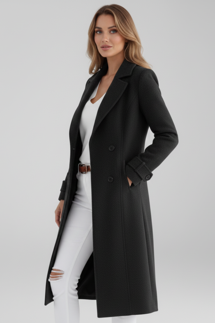 Women’s Long Coat with Turn-Down Collar and Button Fastening