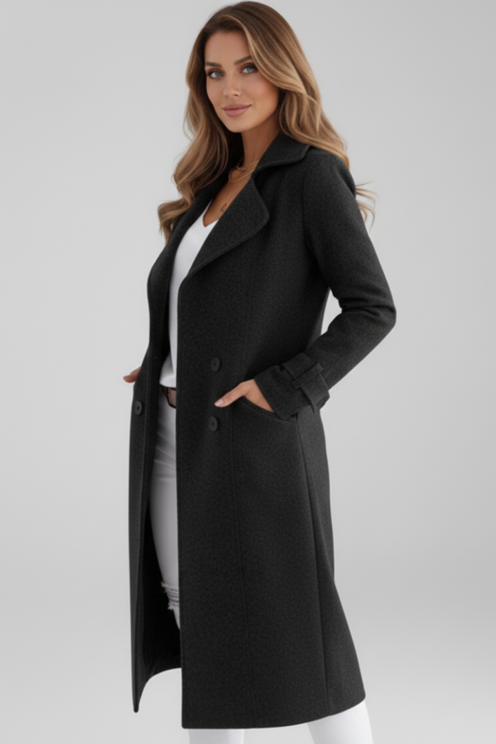 Women’s Long Coat with Turn-Down Collar and Button Fastening