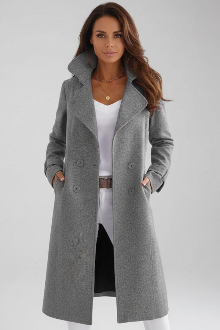 Women’s Long Coat with Turn-Down Collar and Button Fastening