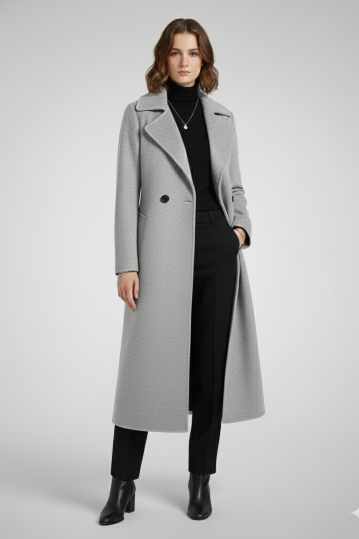 Women’s Long Coat with Turn-Down Collar and Woven Surface
