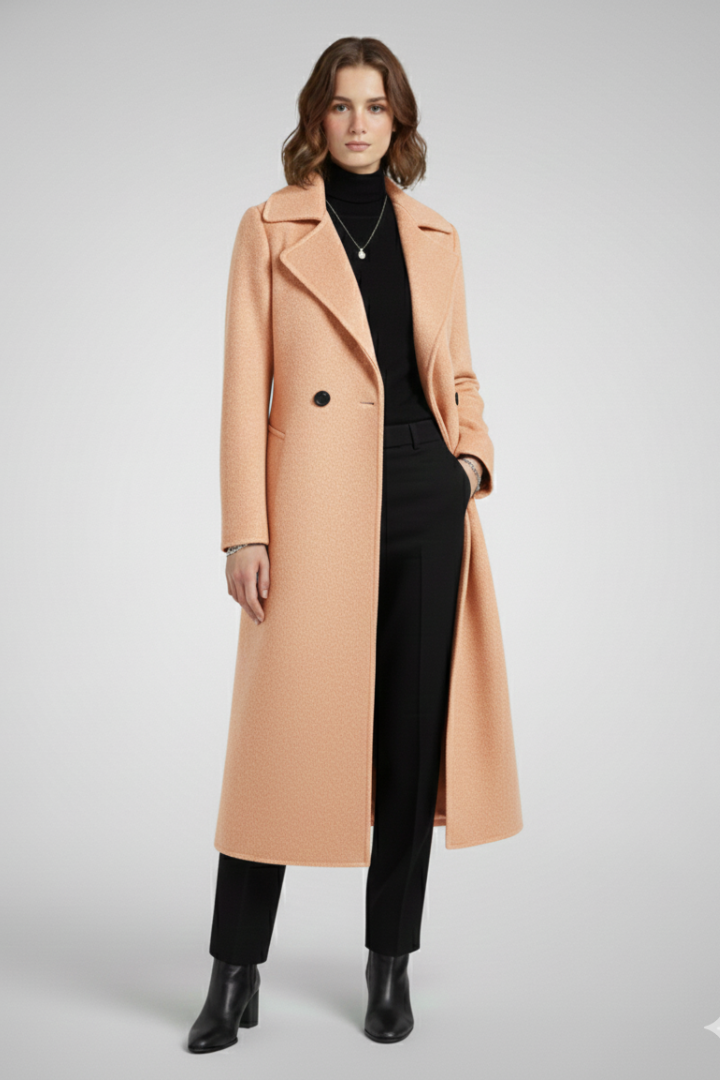 Women’s Long Coat with Turn-Down Collar and Woven Surface