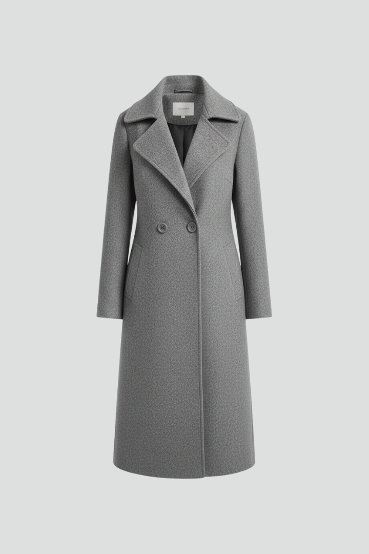 Women’s Long Coat with Turn-Down Collar and Woven Surface