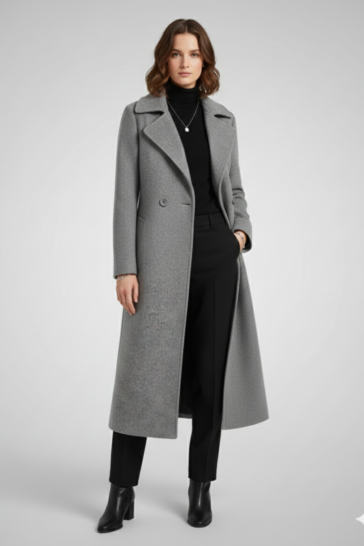 Women’s Long Coat with Turn-Down Collar and Woven Surface
