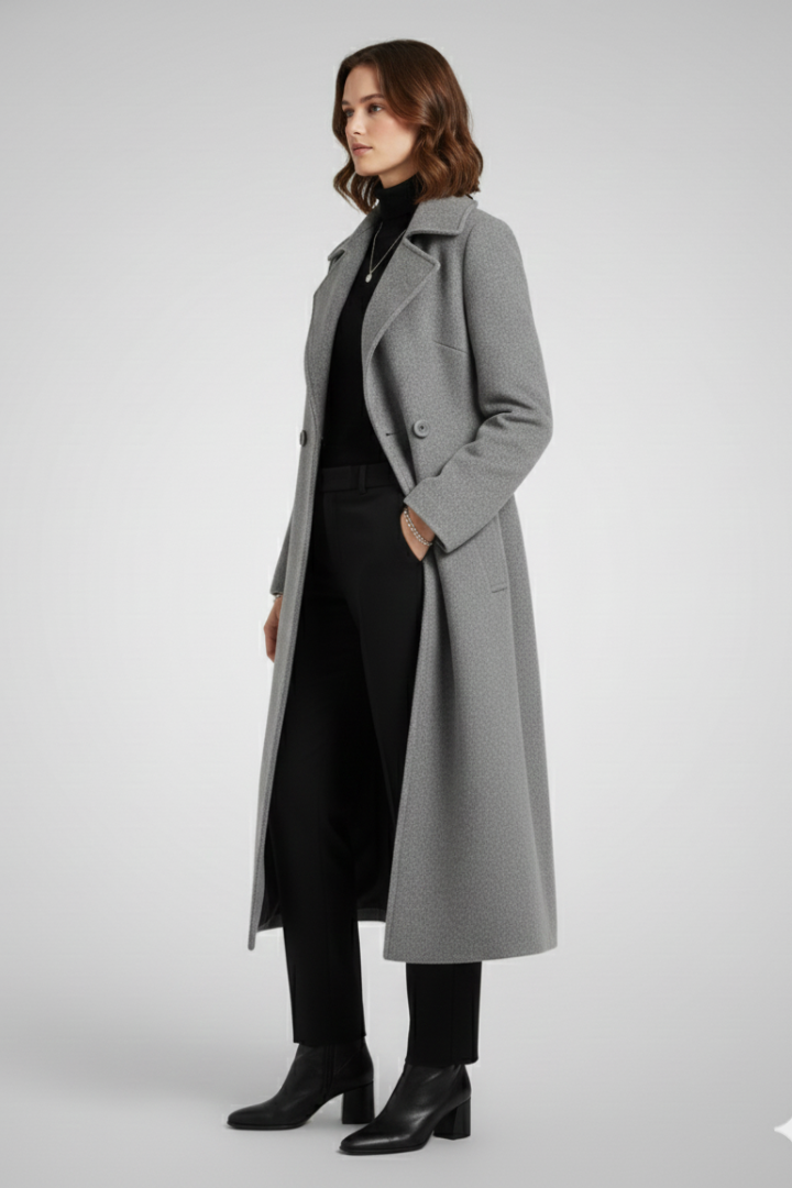 Women’s Long Coat with Turn-Down Collar and Woven Surface