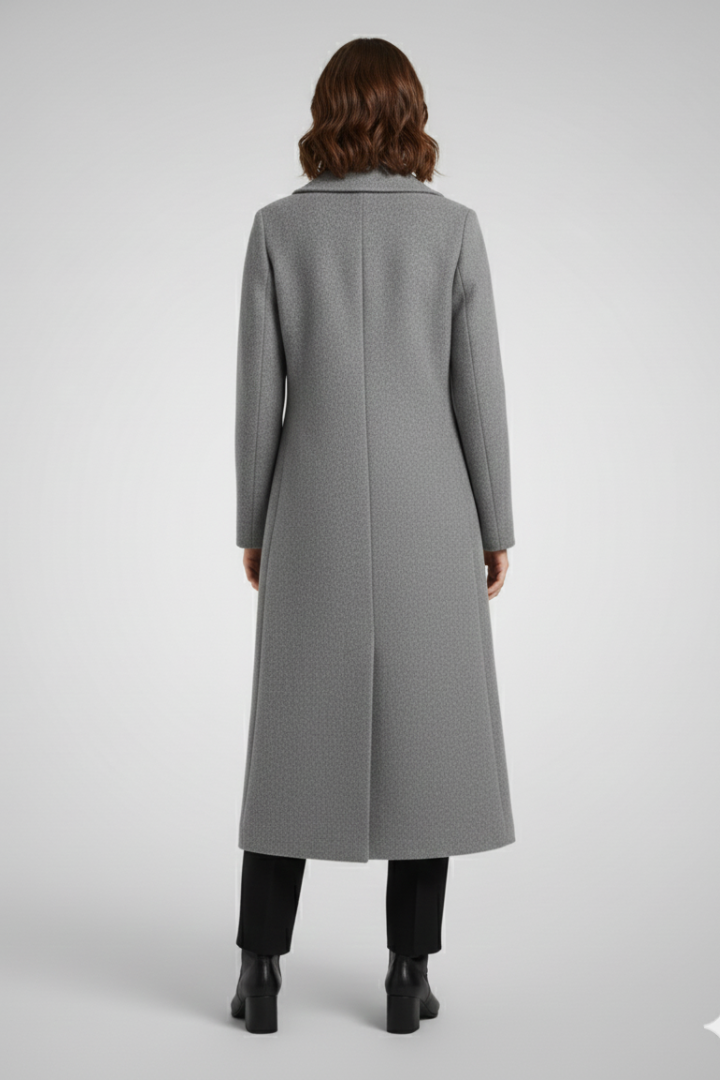 Women’s Long Coat with Turn-Down Collar and Woven Surface