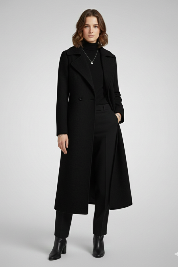 Women’s Long Coat with Turn-Down Collar and Woven Surface