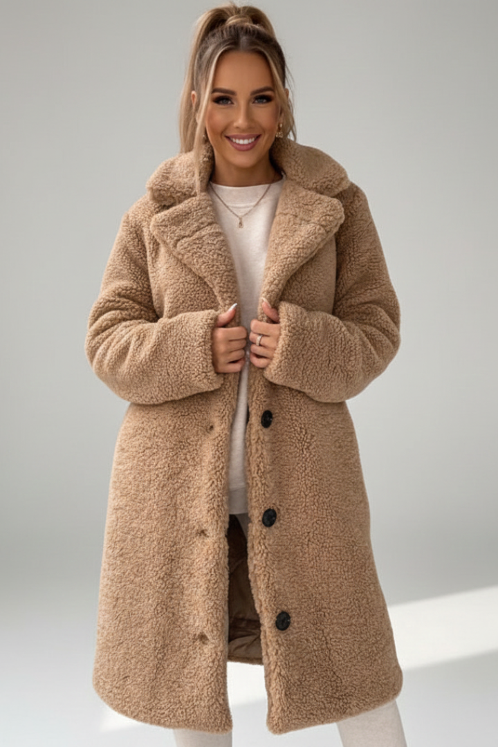 Women's Long Coat with Wide Collar and Button Fastening