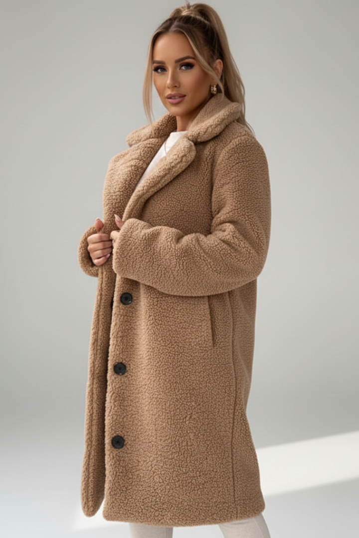 Women's Long Coat with Wide Collar and Button Fastening
