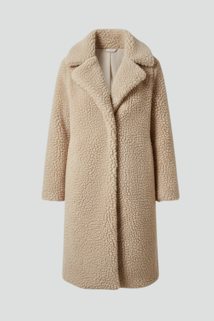 Women’s Long Coat with Wide Collar and Textured Fleece Finish