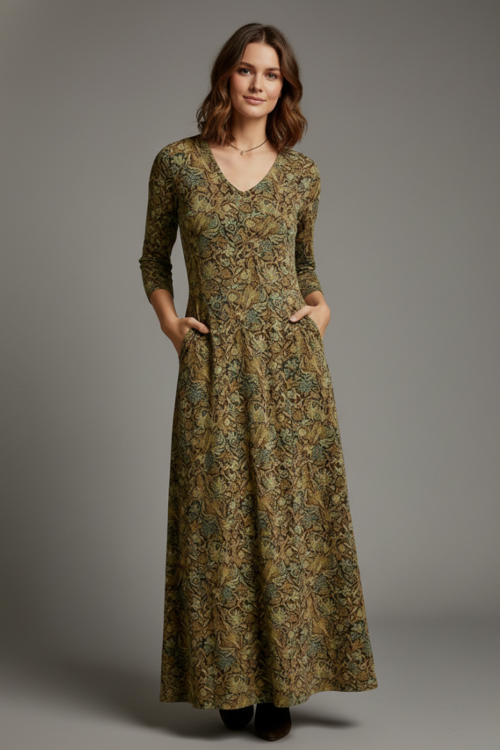 Women’s Long Dress with V-Neck and Long Sleeves