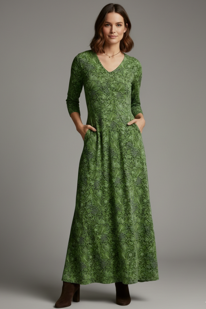 Women’s Long Dress with V-Neck and Long Sleeves