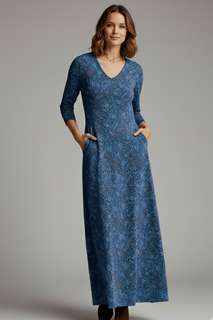 Women’s Long Dress with V-Neck and Long Sleeves