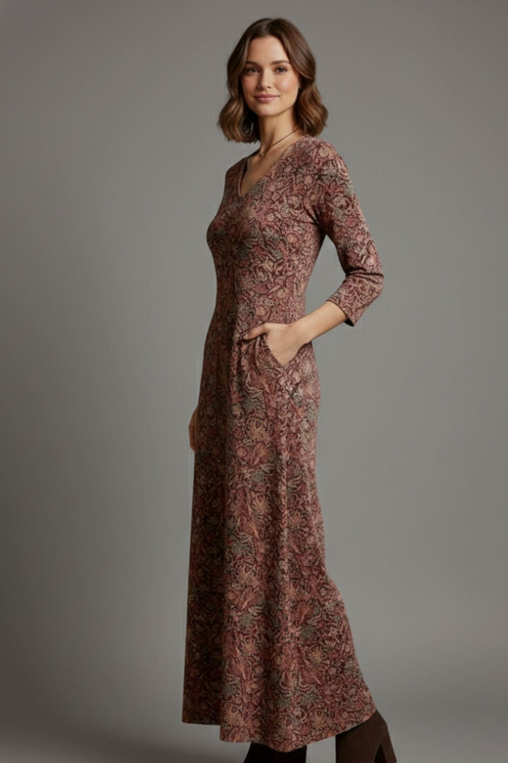 Women’s Long Dress with V-Neck and Long Sleeves