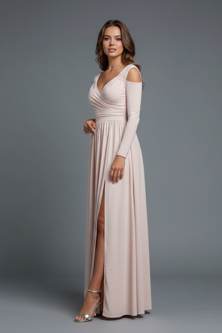 Women’s Long Dress with V-Neck and Side Slit