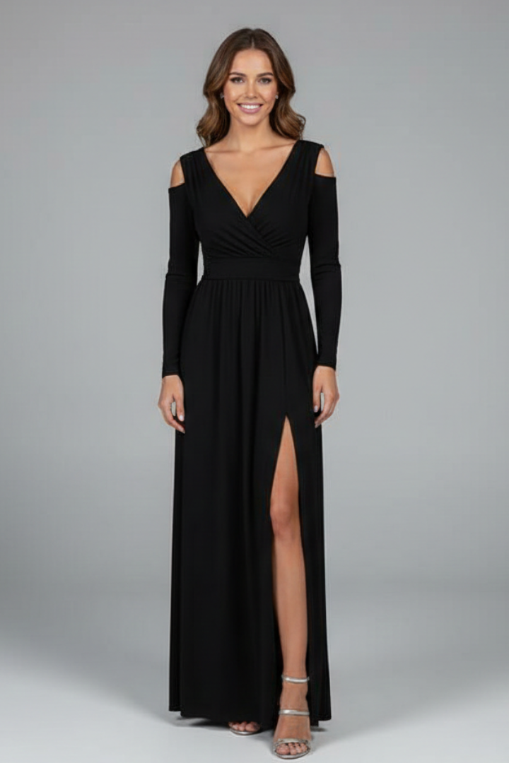 Women’s Long Dress with V-Neck and Side Slit