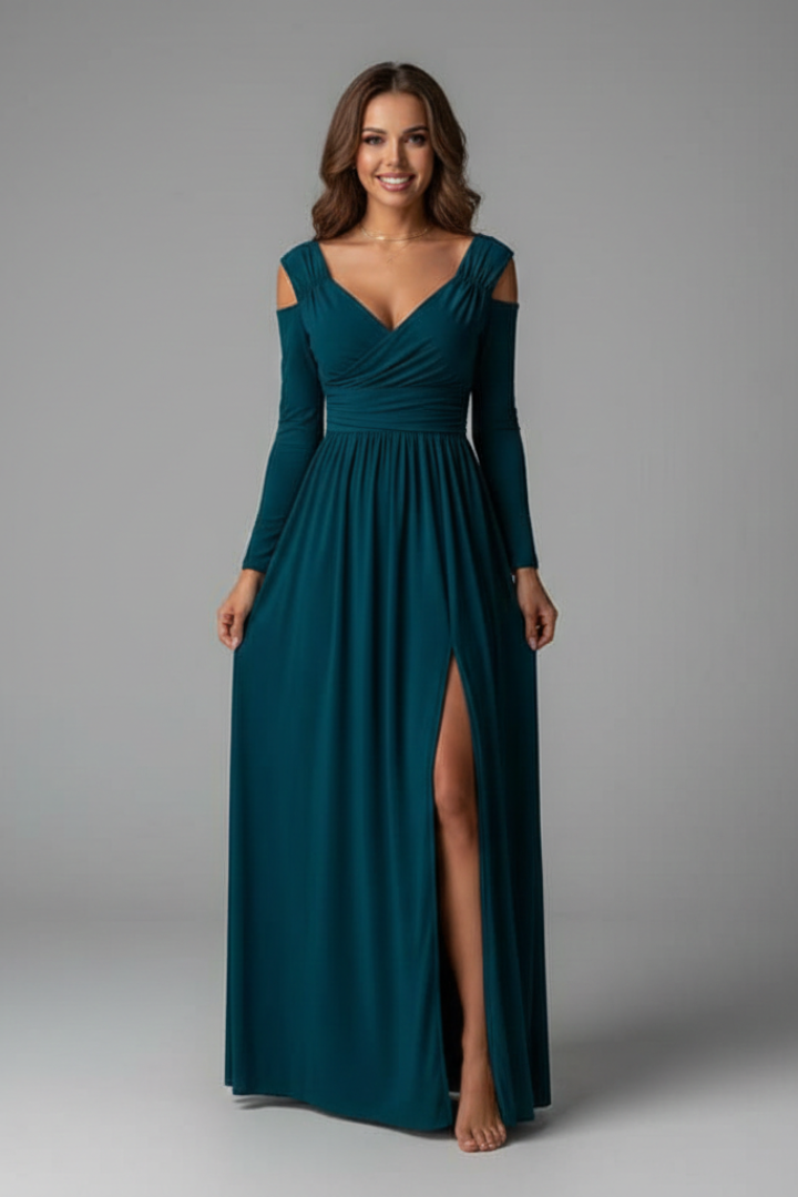 Women’s Long Dress with V-Neck and Side Slit