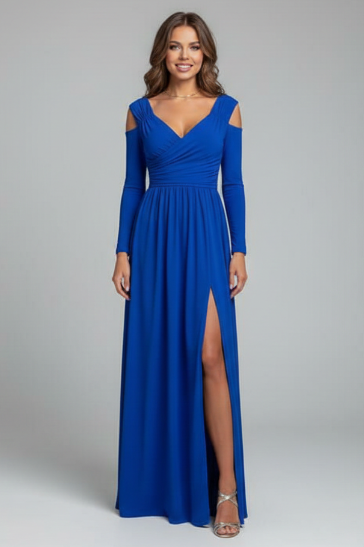 Women’s Long Dress with V-Neck and Side Slit