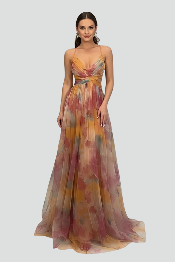 Women’s Long Dress with V Neckline and Back Opening