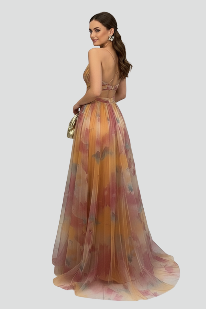 Women’s Long Dress with V Neckline and Back Opening