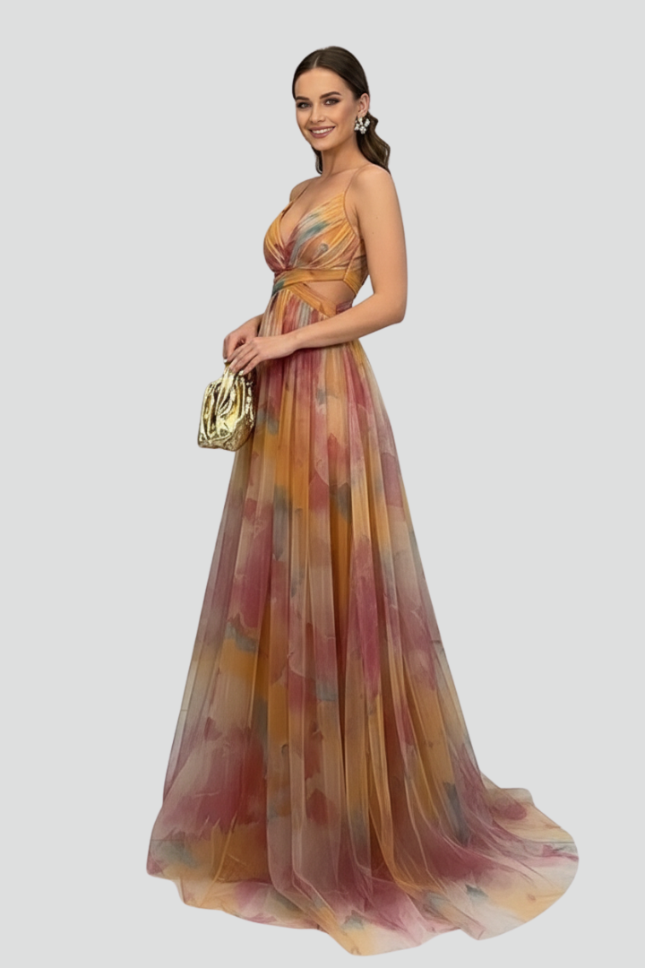 Women’s Long Dress with V Neckline and Back Opening