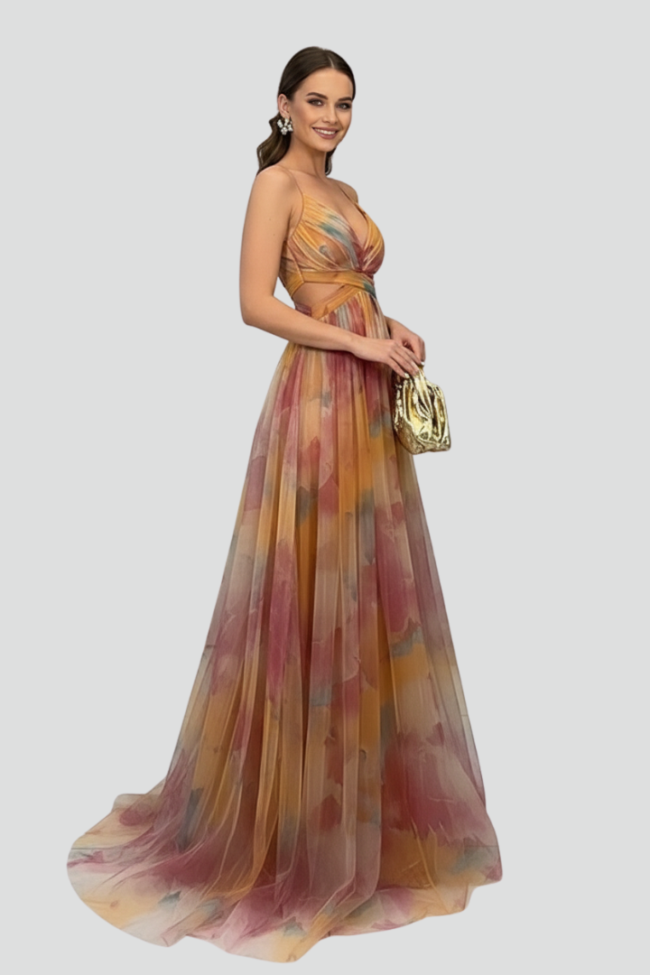 Women’s Long Dress with V Neckline and Back Opening