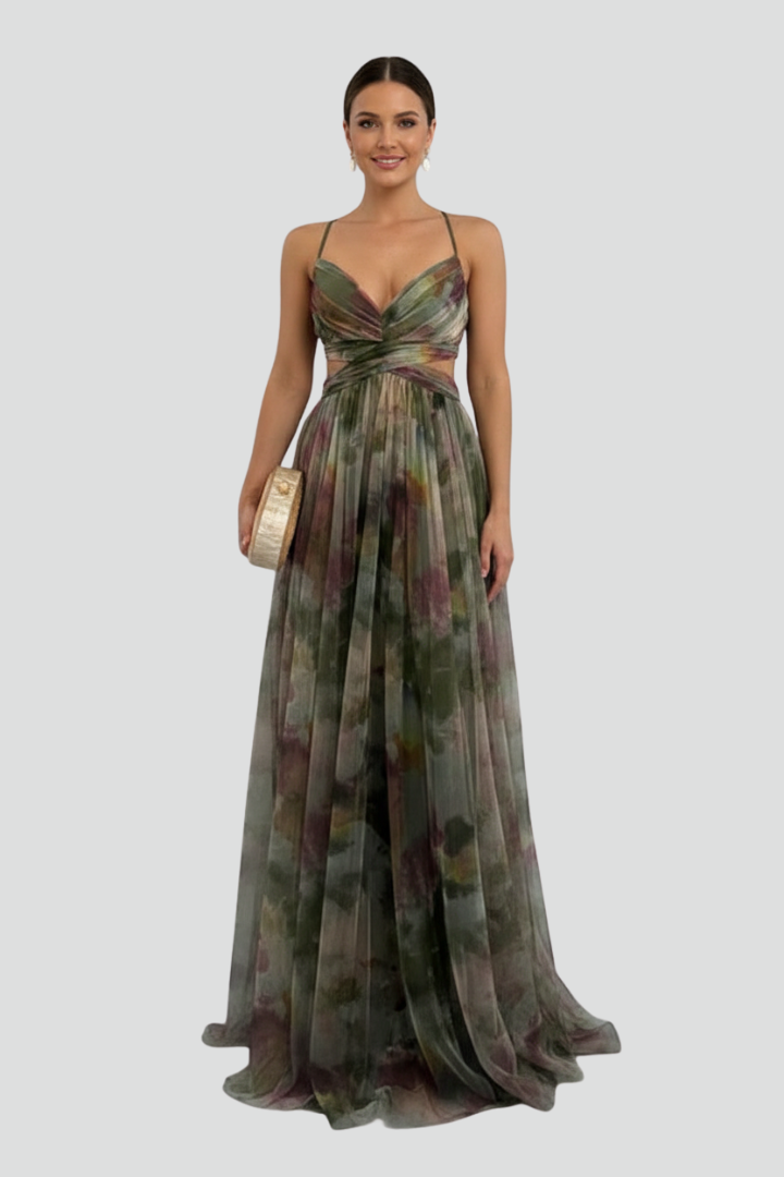 Women’s Long Dress with V Neckline and Back Opening