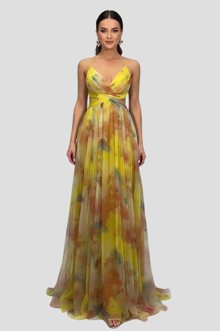 Women’s Long Dress with V Neckline and Back Opening