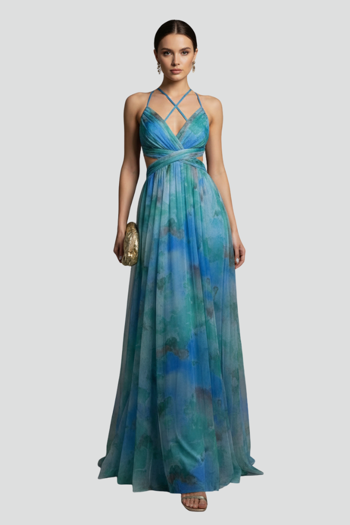 Women’s Long Dress with V Neckline and Back Opening