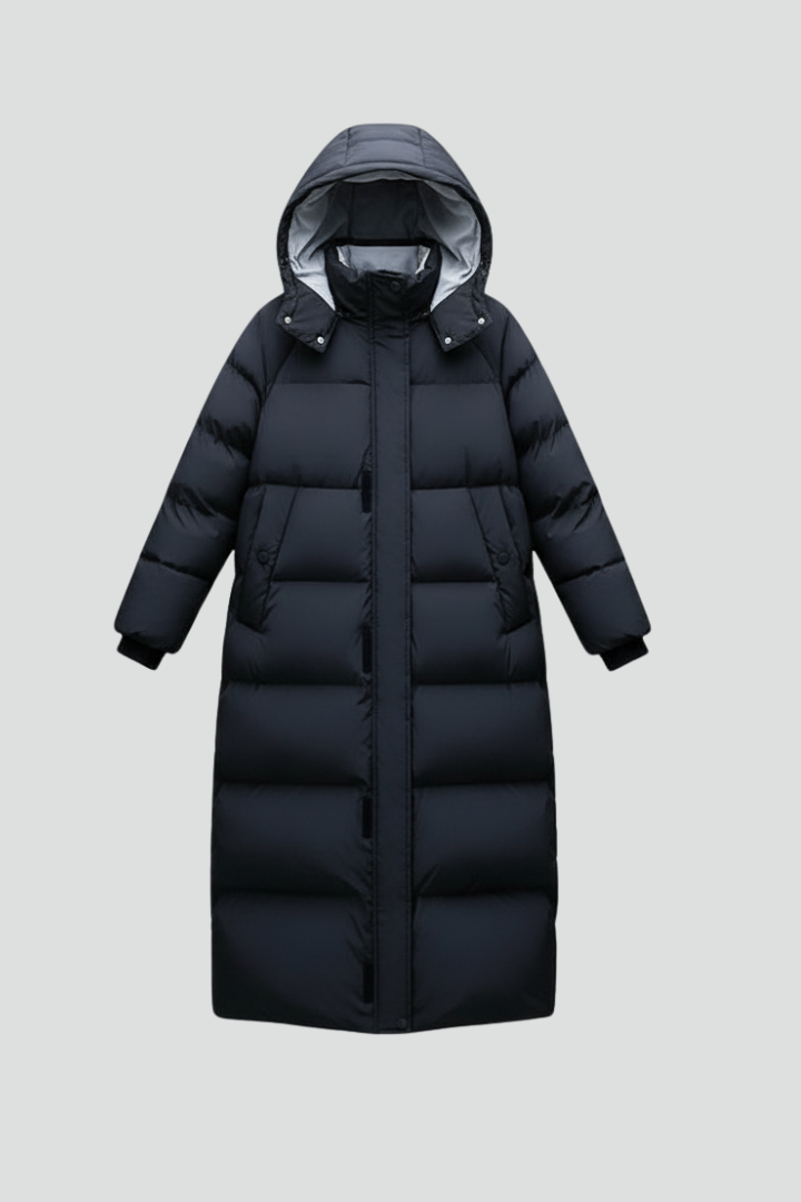 Women’s Long Puffer Coat with Hood and Quilted Panels