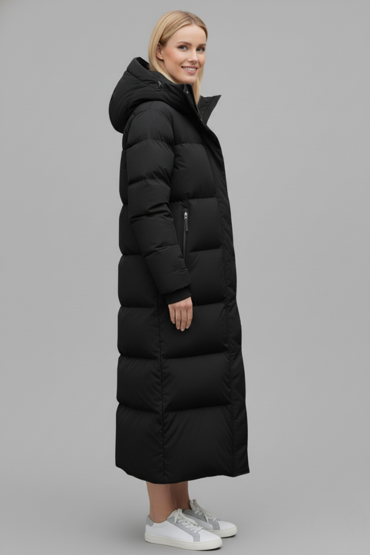 Women’s Long Puffer Coat with Hood and Quilted Panels