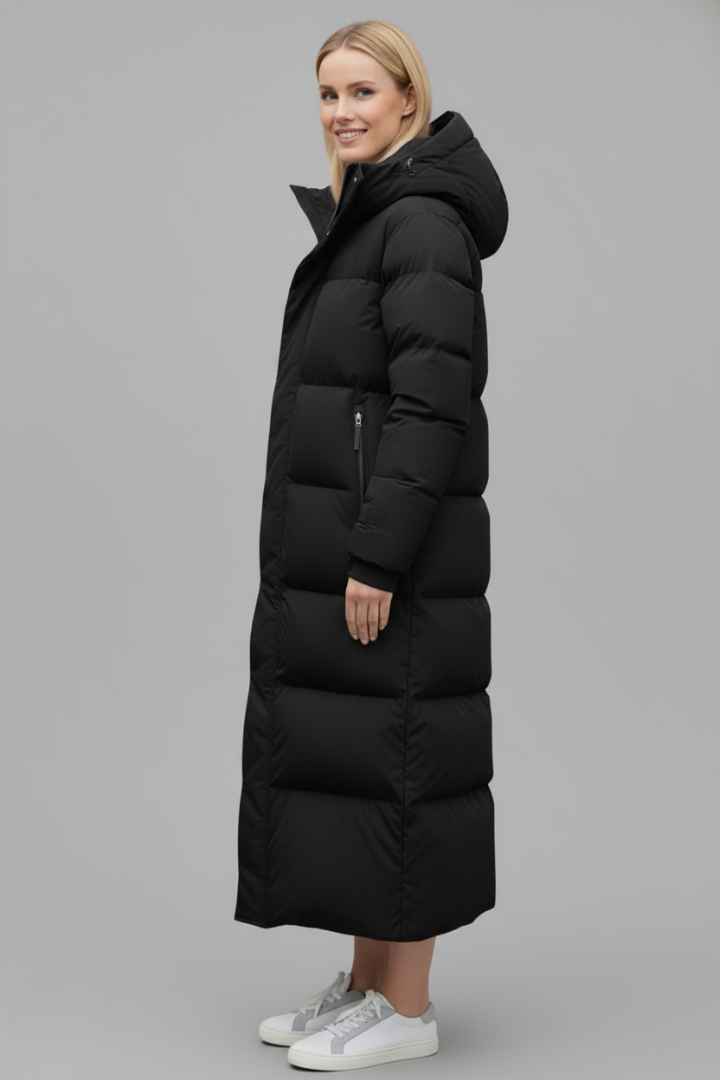 Women’s Long Puffer Coat with Hood and Quilted Panels