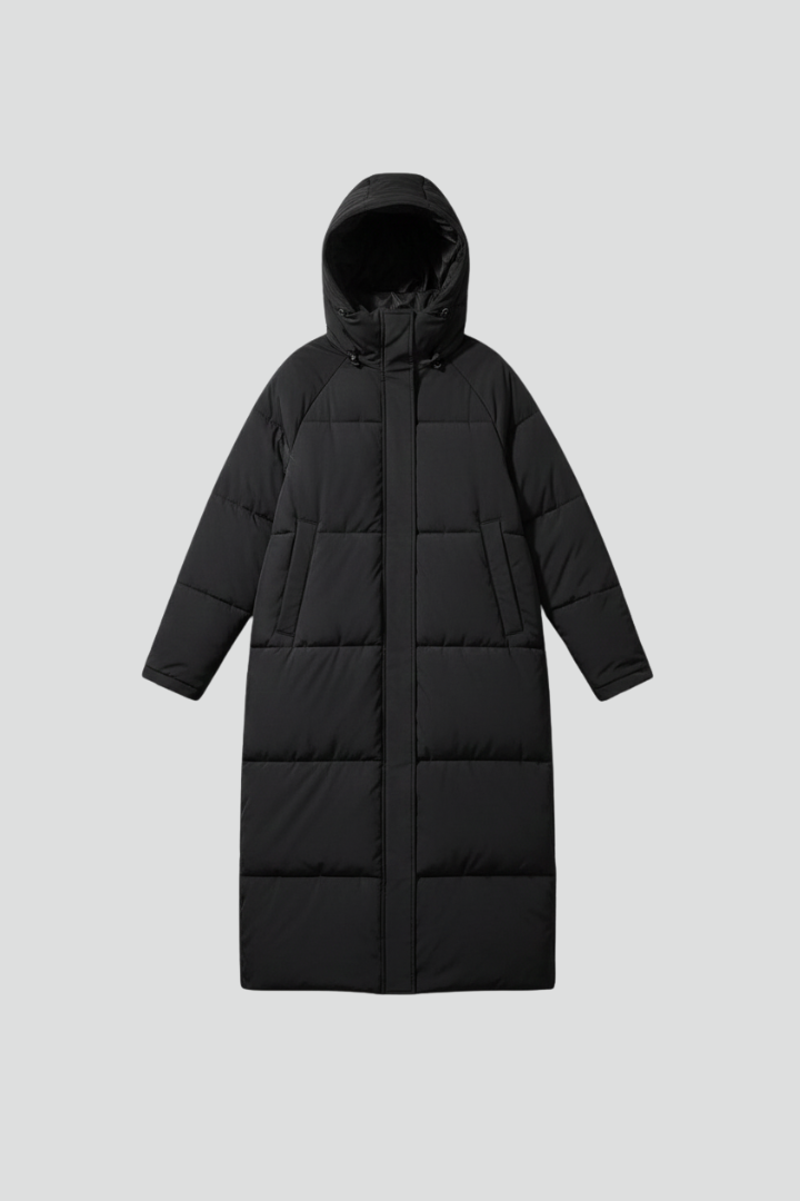 Women’s Long Puffer Jacket with Hood and Stand-Up Collar