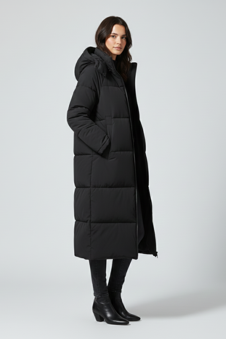 Women’s Long Puffer Jacket with Hood and Stand-Up Collar