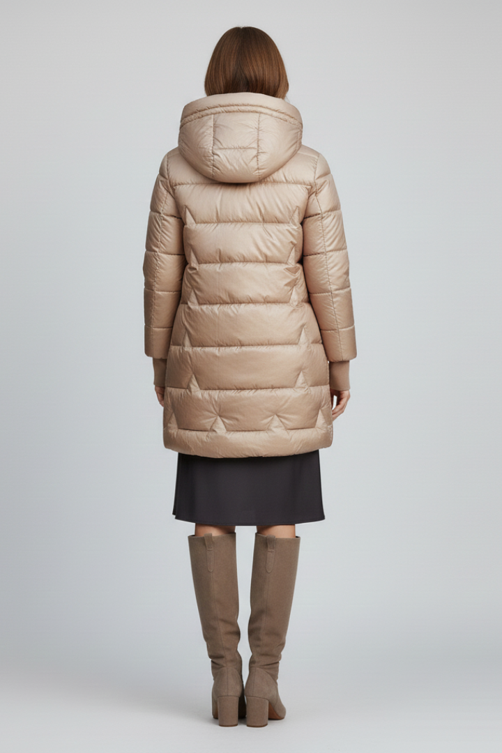 Women’s Long Puffer Jacket with Hood and Zip Fastening