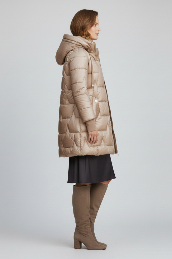 Women’s Long Puffer Jacket with Hood and Zip Fastening