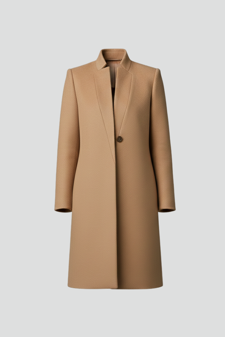 Women’s Long Trench Coat with Stand Collar and Front Buttons