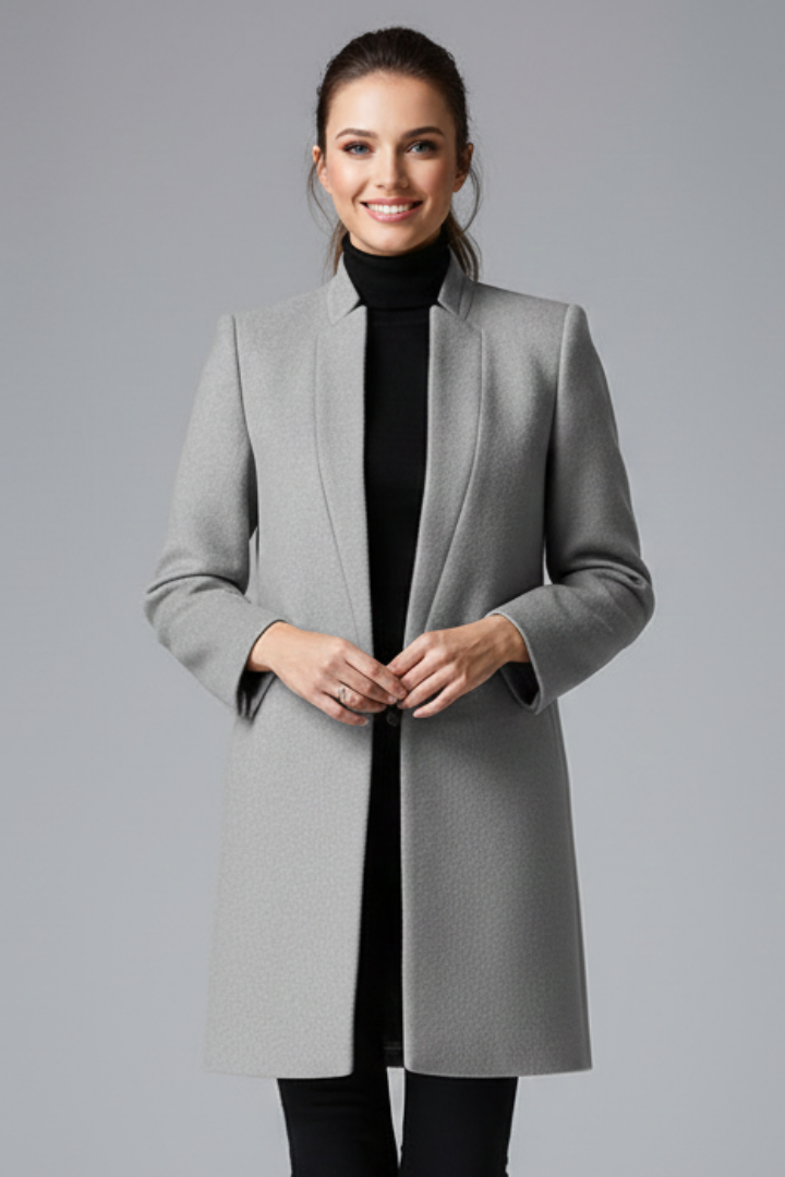 Women’s Long Trench Coat with Stand Collar and Front Buttons
