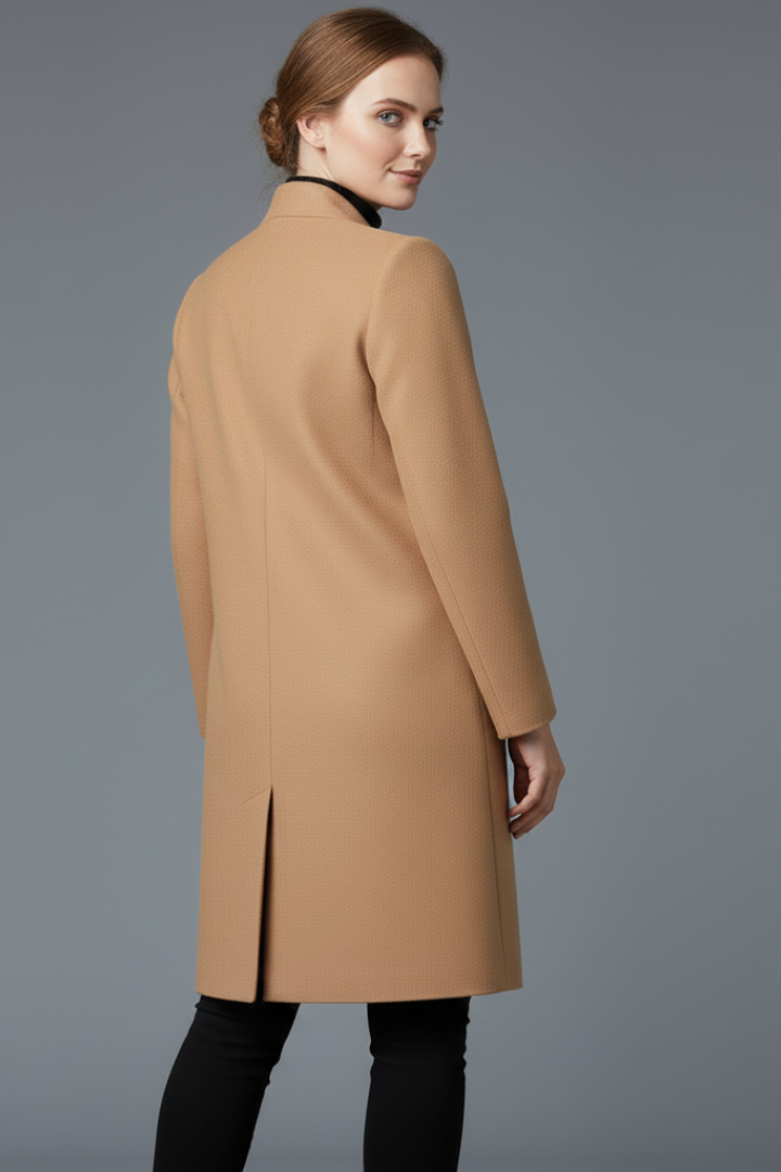 Women’s Long Trench Coat with Stand Collar and Front Buttons
