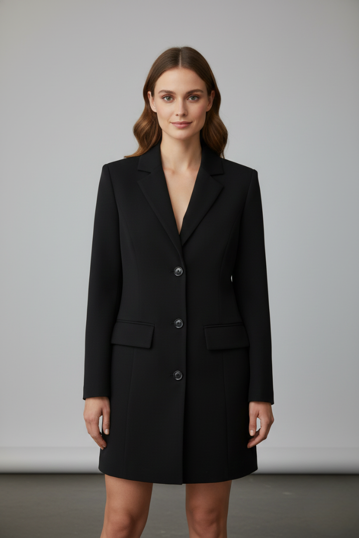 Women’s Longline Blazer with Notched Lapel and Front Buttons