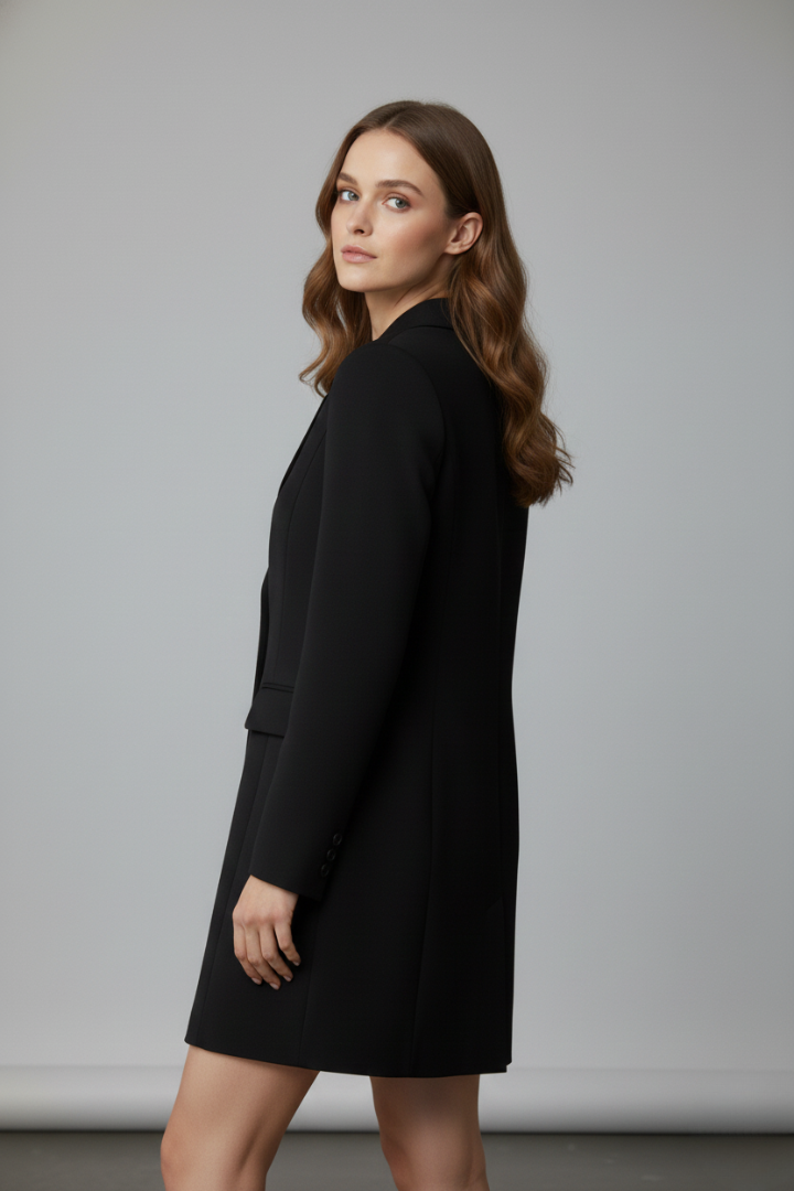 Women’s Longline Blazer with Notched Lapel and Front Buttons