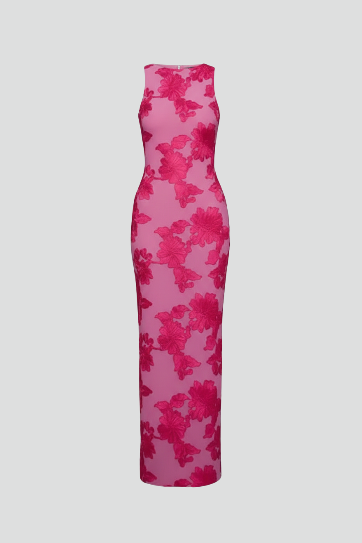 Women’s Maxi Dress with High Neck and Printed Surface