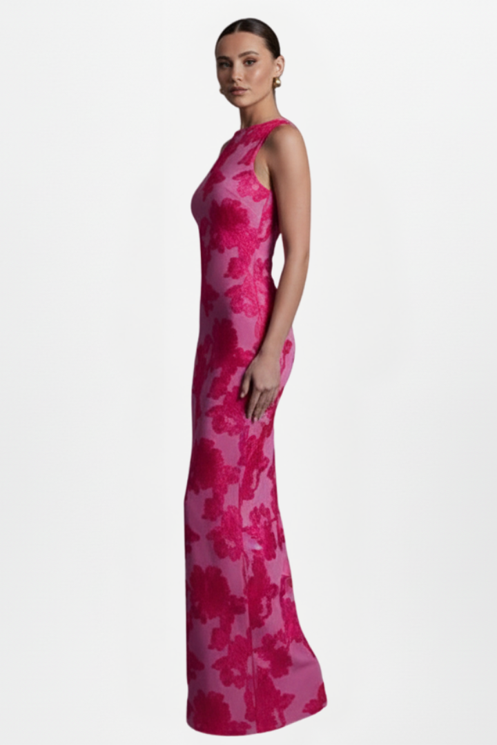 Women’s Maxi Dress with High Neck and Printed Surface