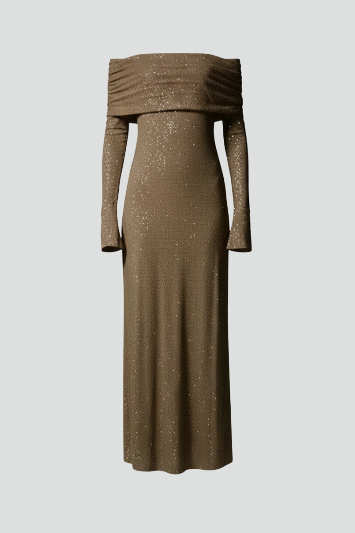 Women’s Maxi Dress with Off-Shoulder Neckline and Long Sleeves