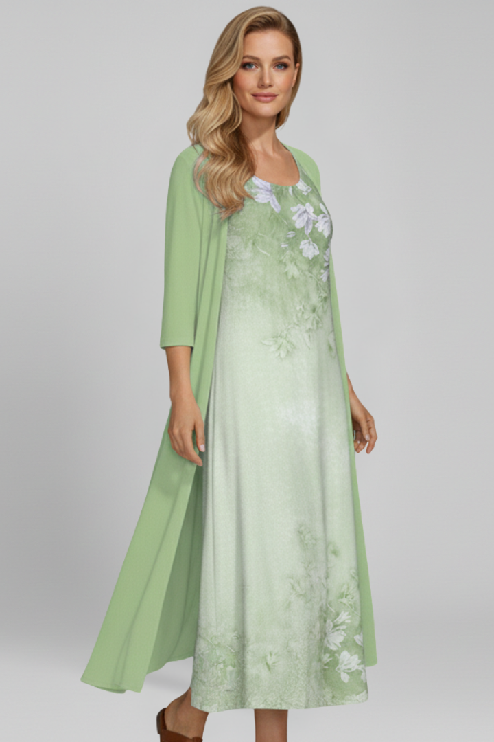 Women’s Maxi Dress with Open Cardigan and Printed Surface