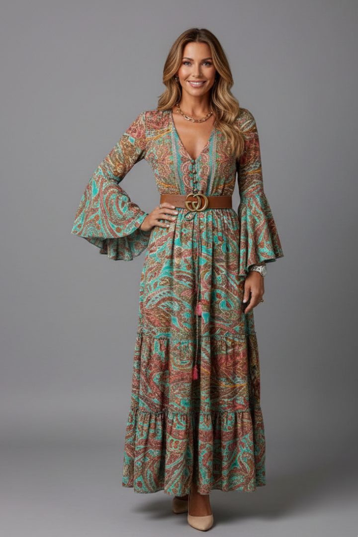 Women’s Maxi Dress with Paisley Print and Trumpet Sleeves