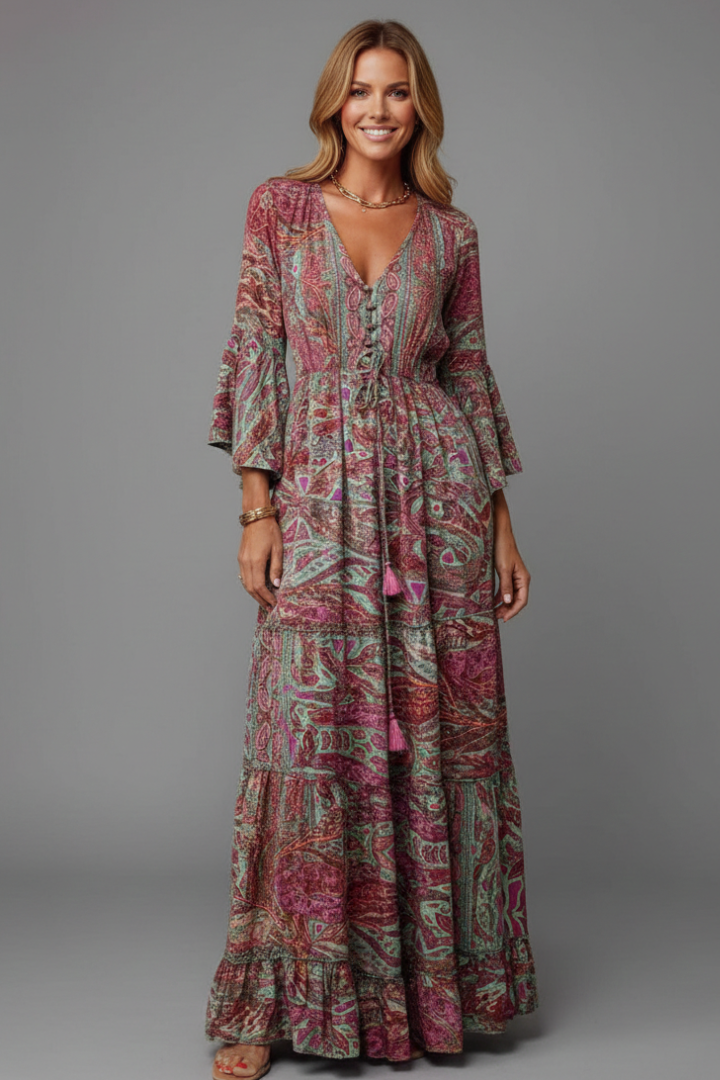 Women’s Maxi Dress with Paisley Print and Trumpet Sleeves