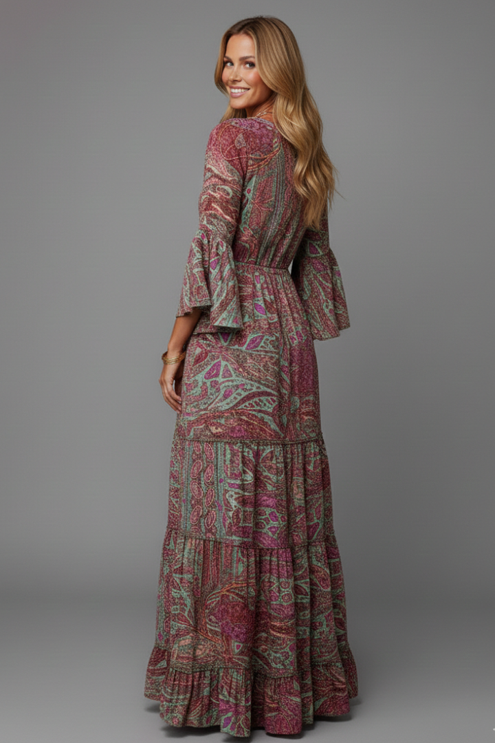 Women’s Maxi Dress with Paisley Print and Trumpet Sleeves