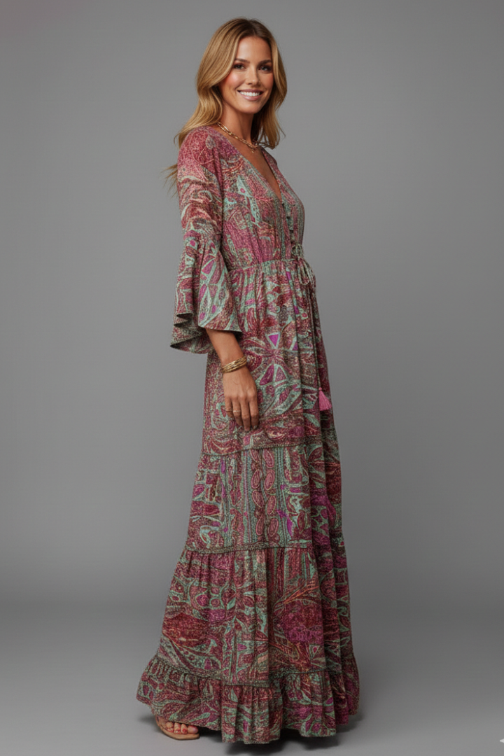 Women’s Maxi Dress with Paisley Print and Trumpet Sleeves